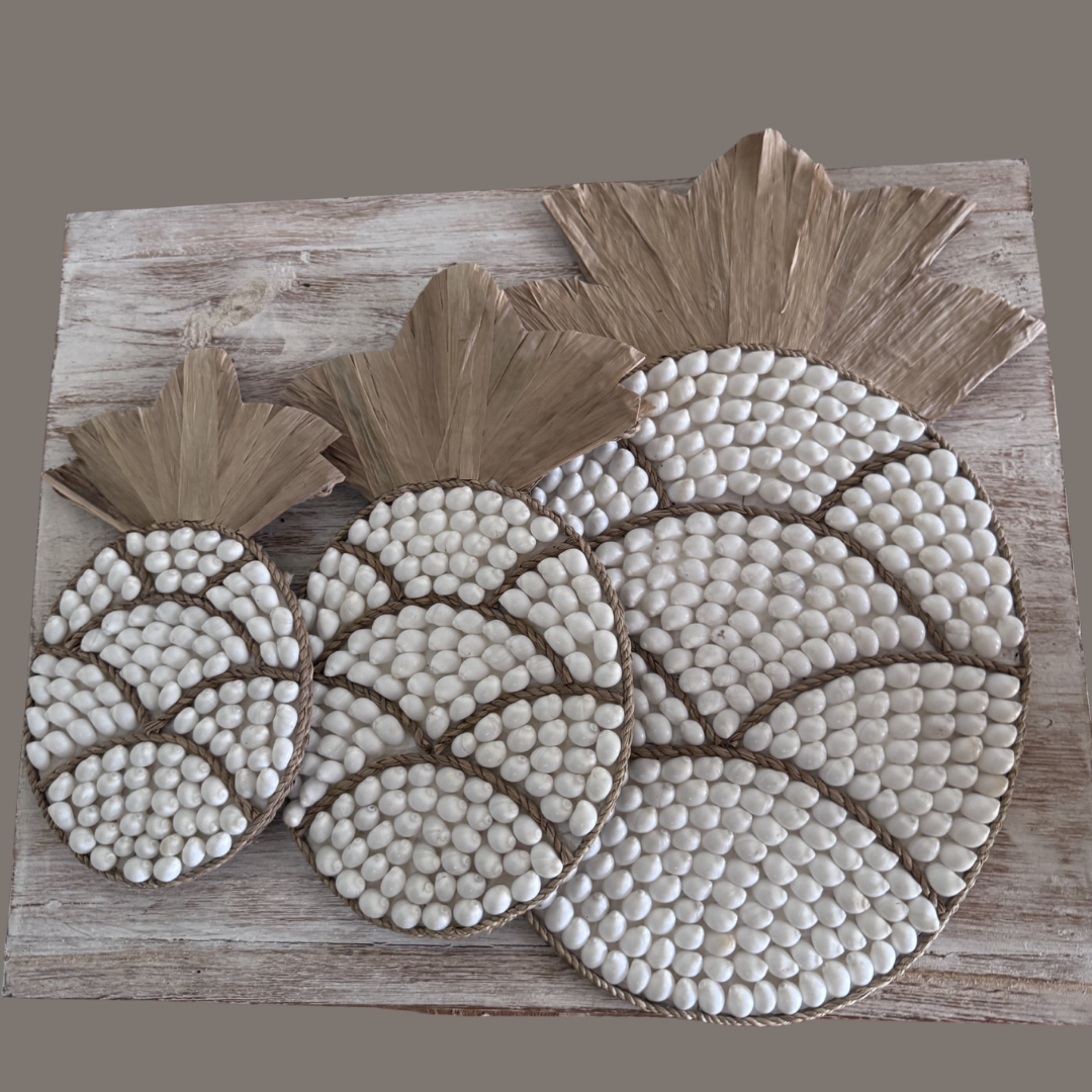 Decorative wall art with Pineapple pattern Shell design  – Coastal Tropical Seagrass Decor patterns on a wooden board