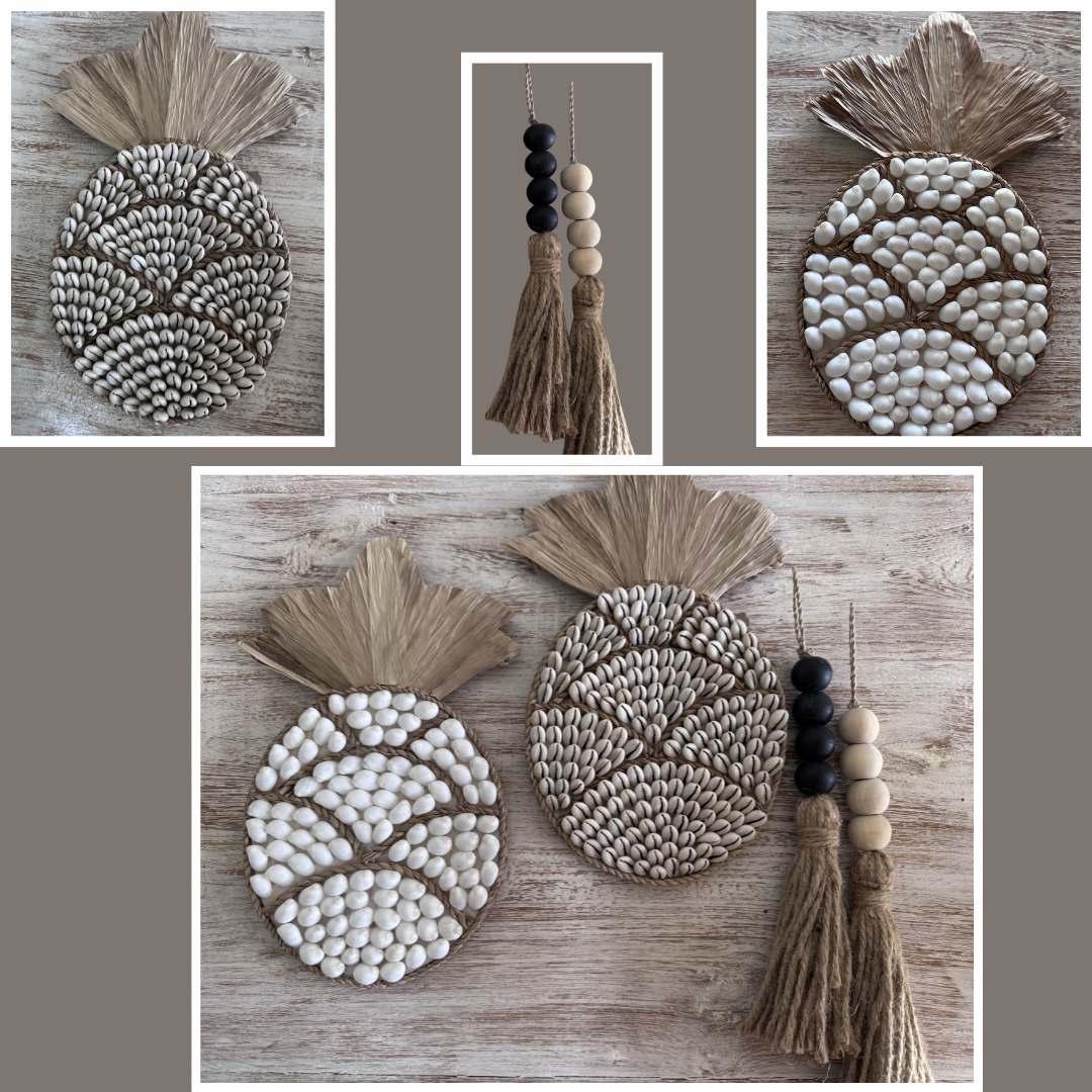 Collage of decorative wall art pieces with pineapple designs and tassels.