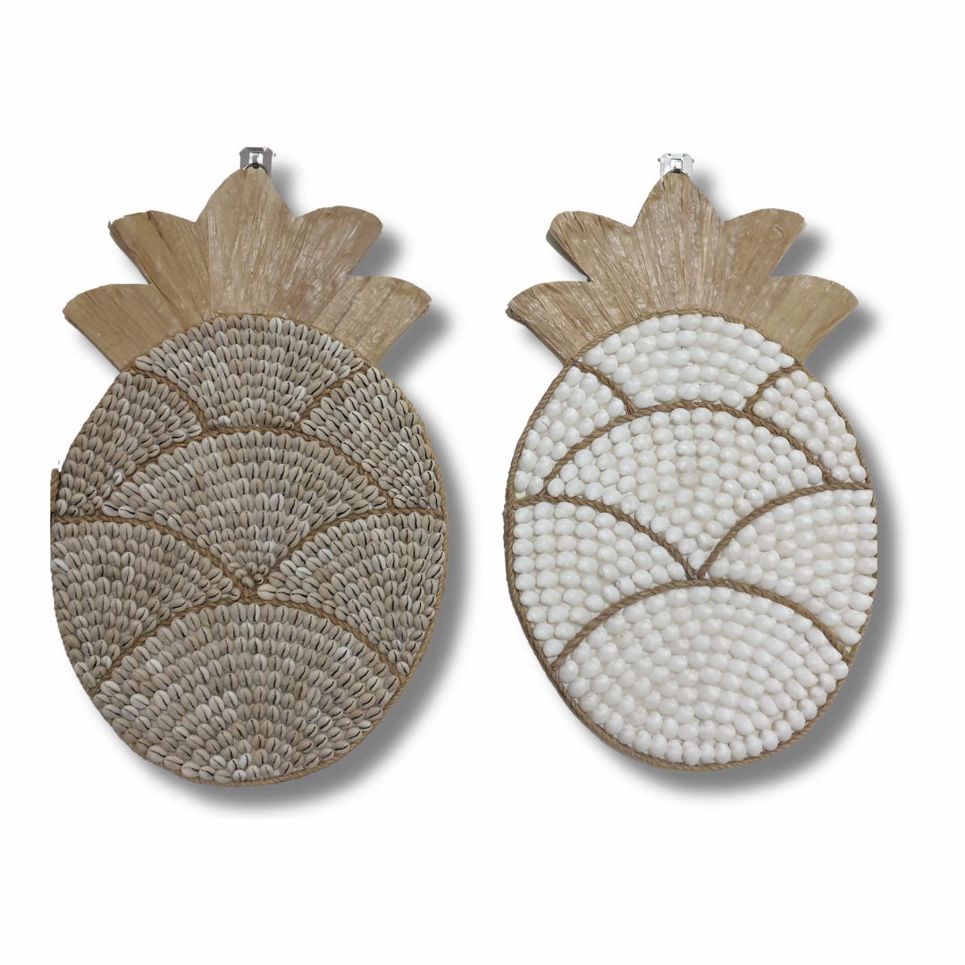 Two pineapple-shaped decorative items, one woven and one beaded, on a white background.