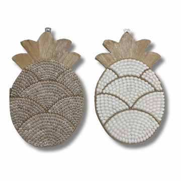 Two pineapple-shaped decorative items, one woven and one beaded, on a white background.