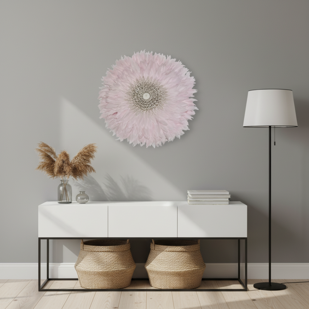 Modern interior with a white console table, decorative lamp, and wall art against a gray wall.