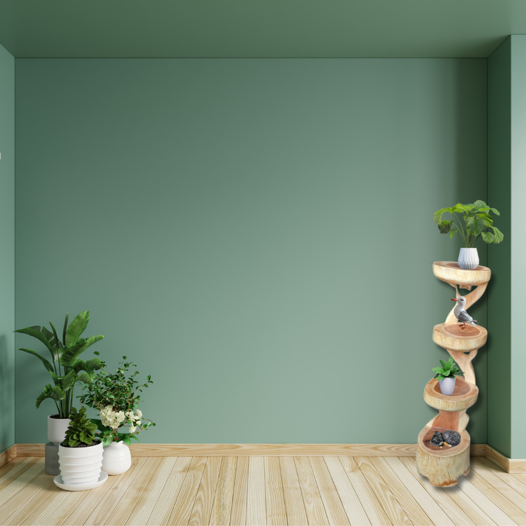 Wooden tiered plant stand with plants against a green wall
