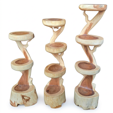 Wooden plant display stands in three sizes, with cream edges, brown centres and curved supports.