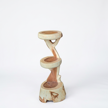 Wooden plant display stand with three round platforms and a natural two-tone finish.