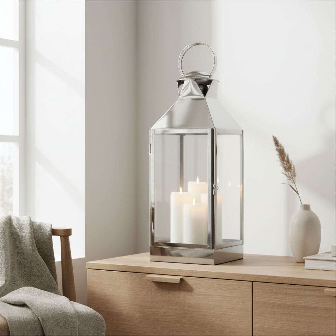 Table top decor with glowing white pillar candles on a pale oak sideboard in a bright Scandinavian minimal interior with white walls and soft natural light