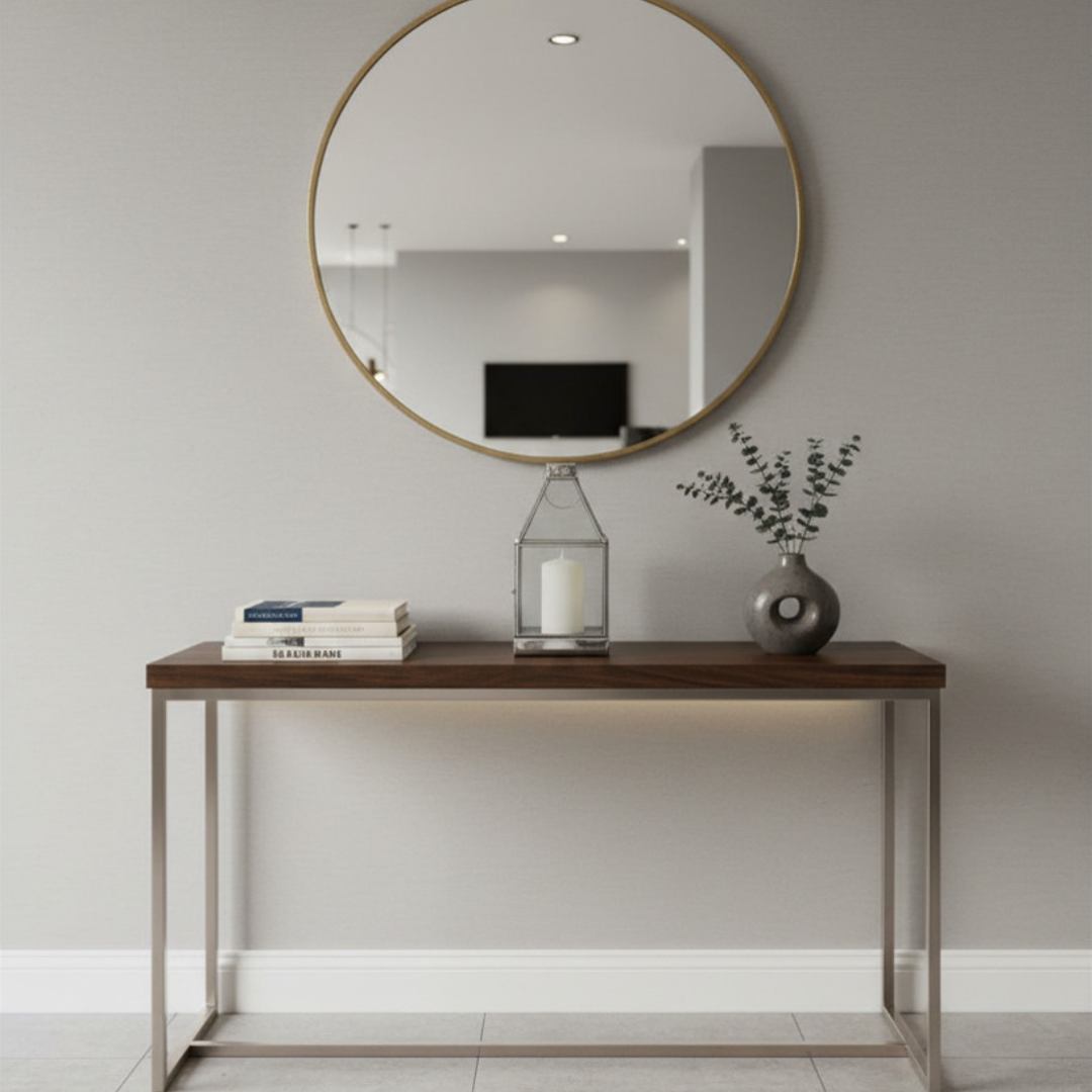 white pillar candle styled on a dark timber console table beneath a large round gold mirror in a modern entryway