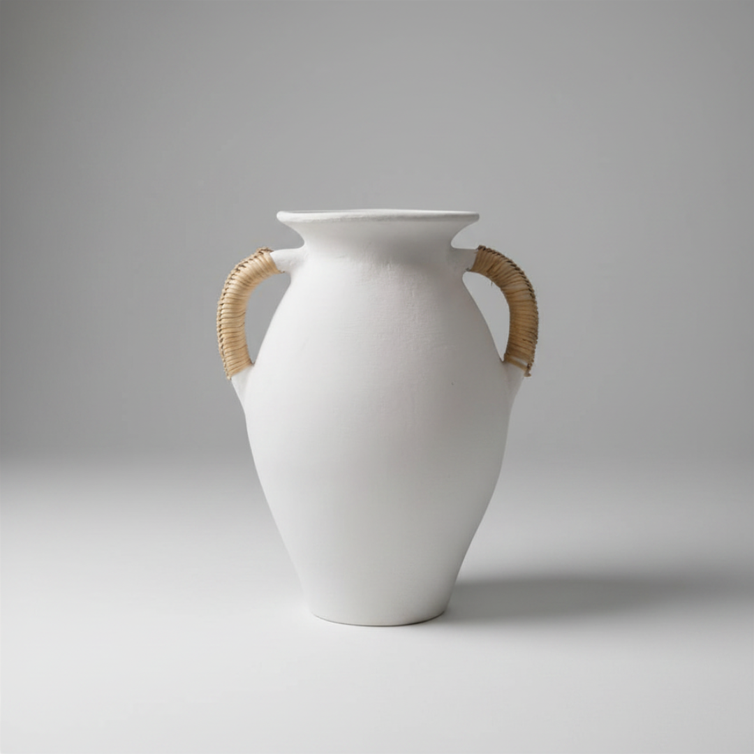 Matte white terracotta vase close up showing rattan handle wrap and curved neck, soft grey background