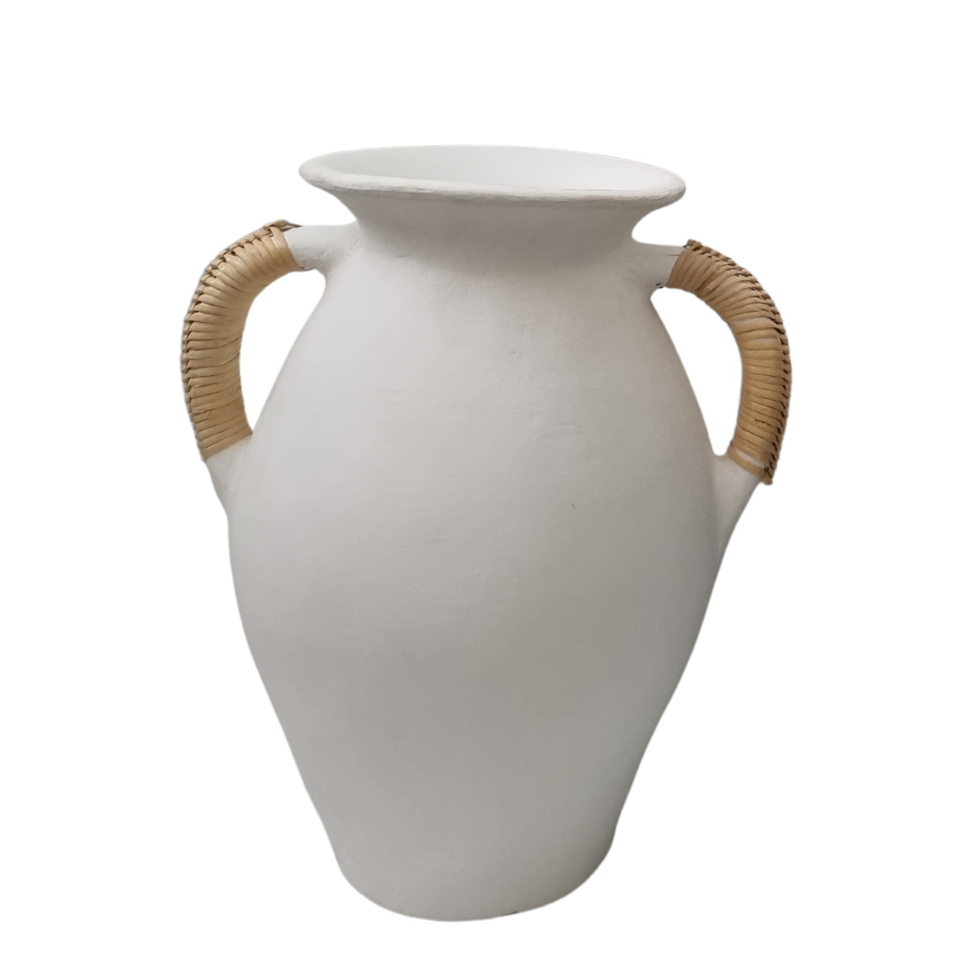 white pot with ratton handles 