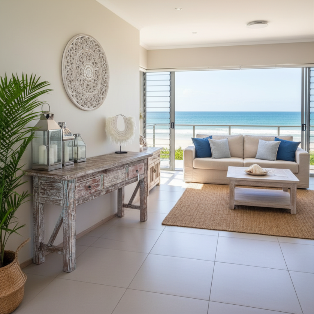 Distressed reclaimed wood console table in a modern coastal beach house living room with ocean view