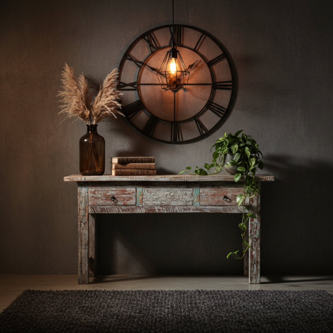 Distressed reclaimed timber console table styled in a moody modern industrial loft with Edison pendant light and skeleton clock