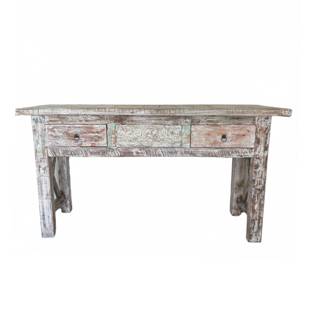 Vintage-style wooden console table with two drawers on a white background
