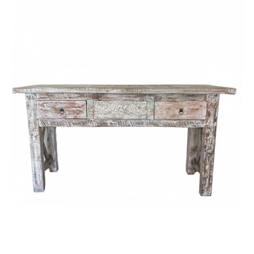 Vintage-style wooden console table with two drawers on a white background