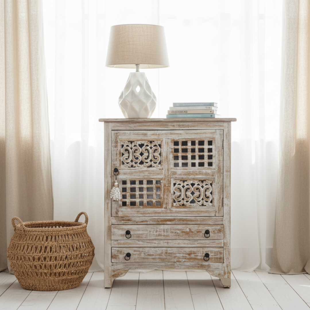 Reclaimed teak wood cabinet with white-wash finish styled in a coastal modern family room with ceramic lamp and rattan basket