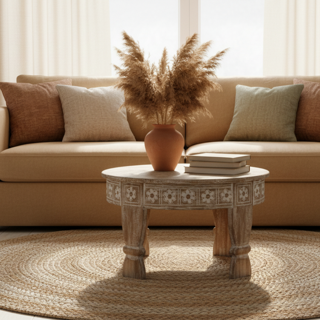 Earthy boho lounge styling with pampas grass in a terracotta vase and stacked books on a round jute rug