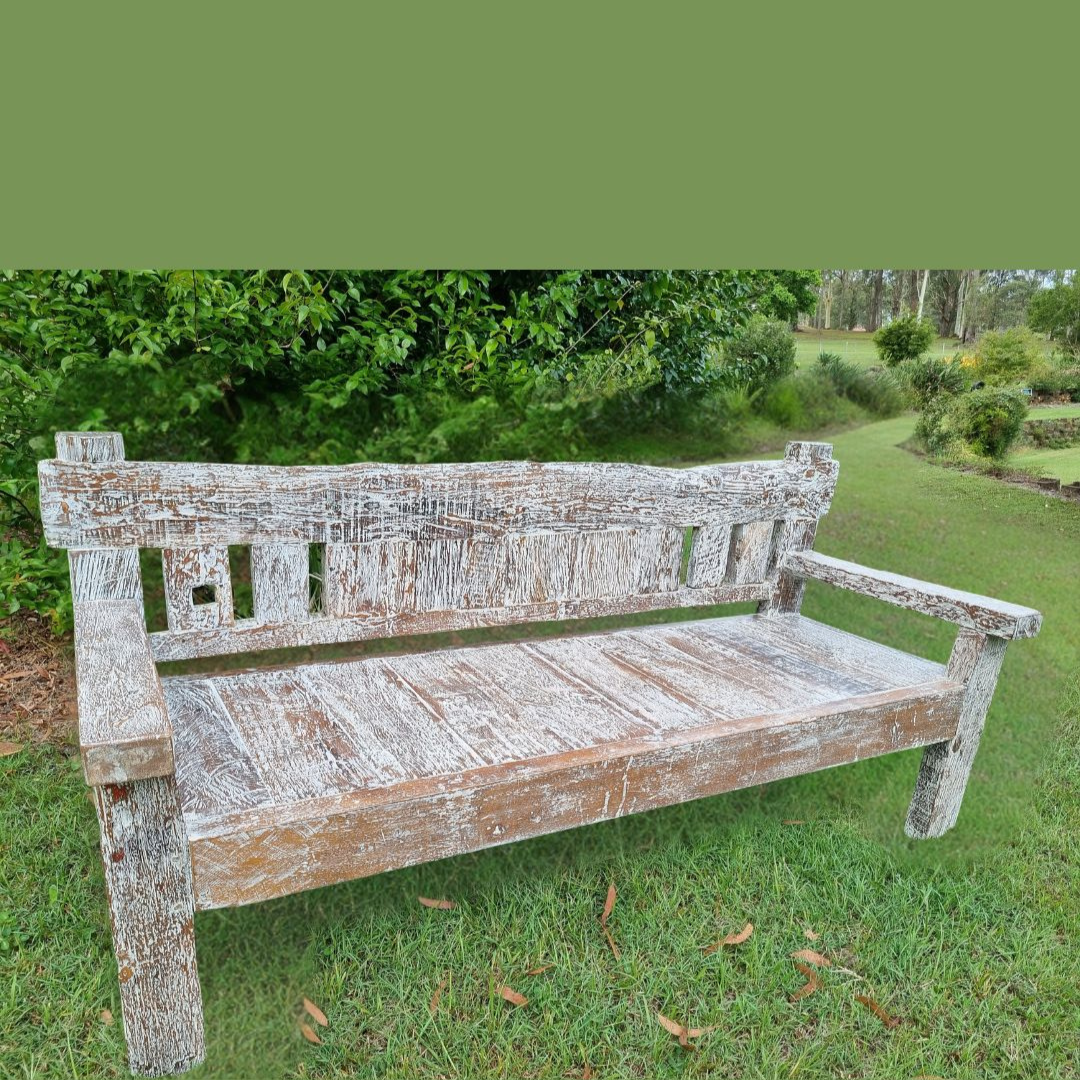 Wooden bench in a garden setting with greenery