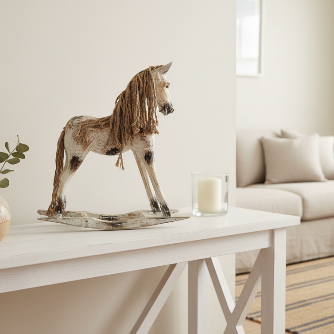 A decorative rocking horse figurine with a textured beige and brown body and a dark brown mane, displayed on a white console table in a bright, modern living room next to a glass candle holder.