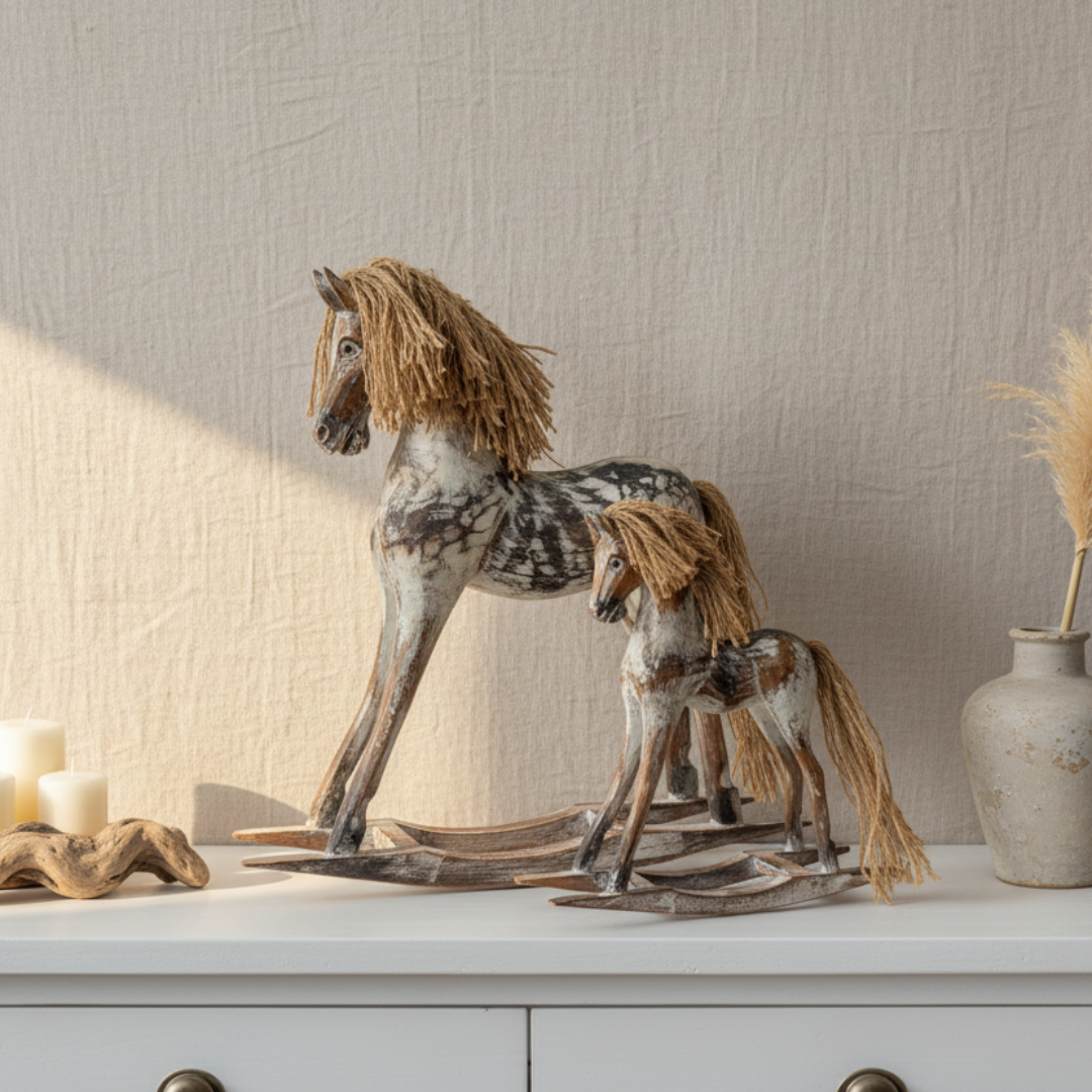 Two decorative rocking horse figurines with mottled gray and white bodies and tan-brown manes and tails, displayed on a white cabinet against a textured beige wall with candles and a vase nearby.