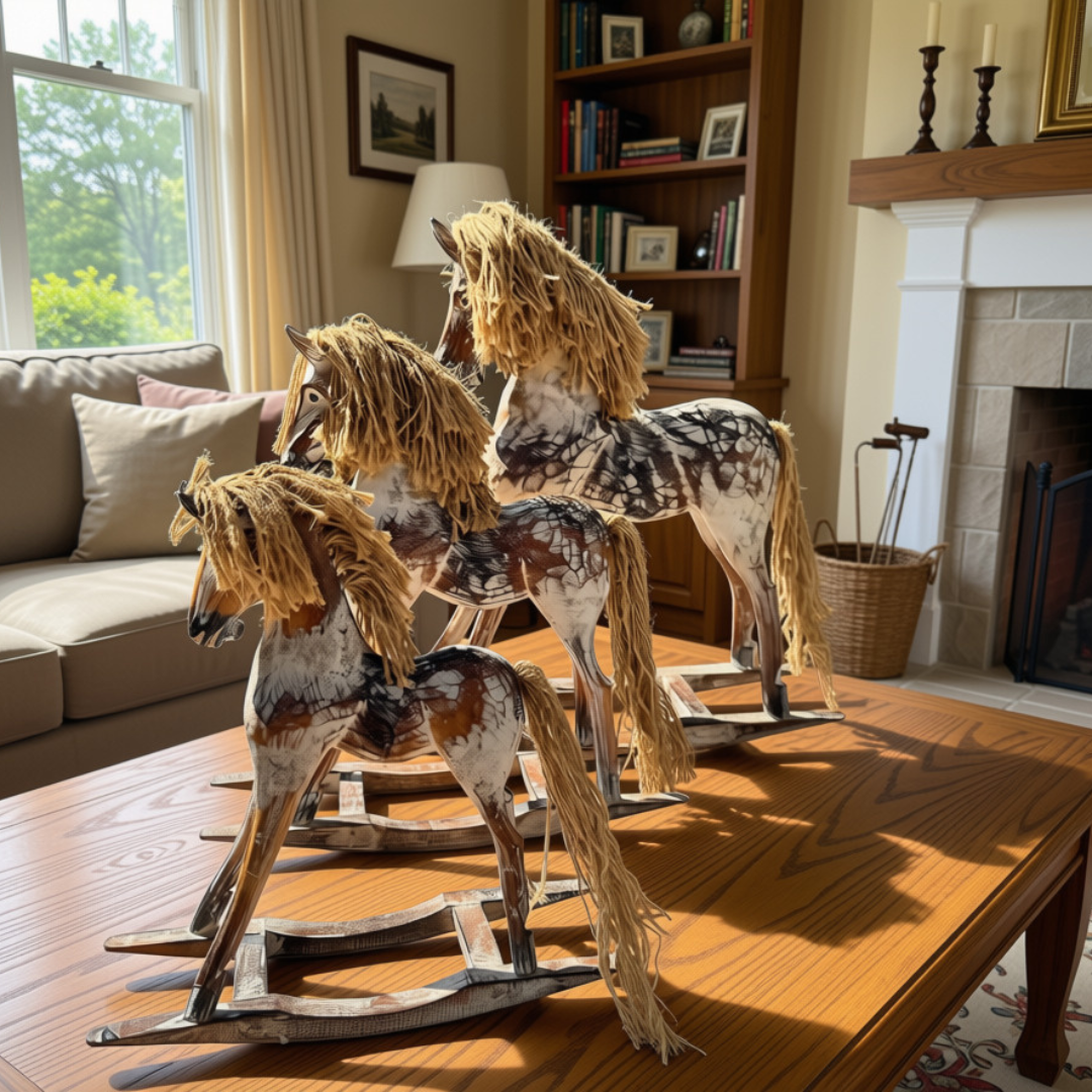 Three handcrafted wooden rocking horse decorative features in white wash finish displayed on a timber coffee table in a warm living room with bookshelf and fireplace