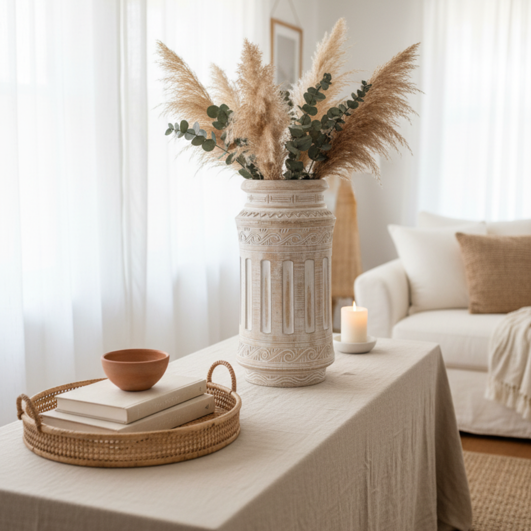 Decorative vase with pampas grass on a table in a living room setting