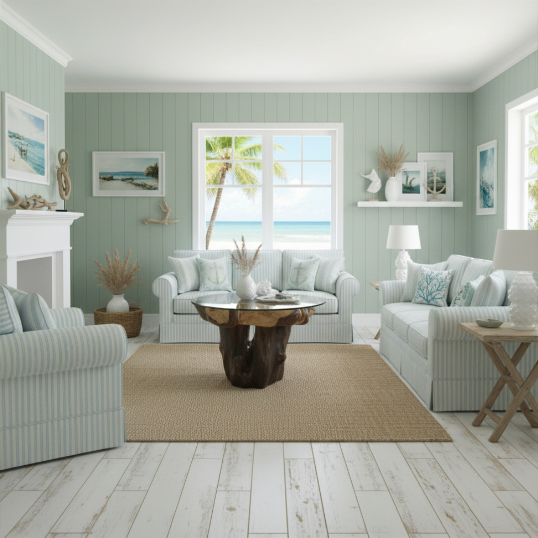 Coastal living room with sage green walls and striped sofas