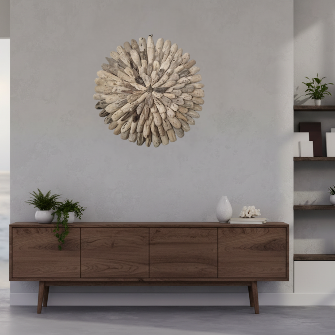 Round driftwood sunburst wall sculpture mounted above a timber console with coastal styling — 50x50cm natural driftwood wall art by Azure Decor