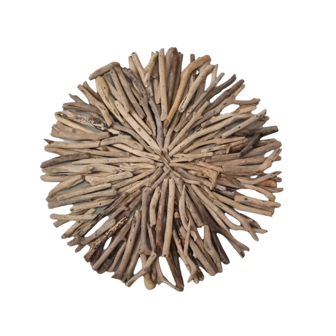 Round driftwood starburst wall art Style 2 available  in two sizes — 60x60cm and 50x50cm — natural driftwood stick sculptures for rustic boho and coastal interiors by Azure Decor