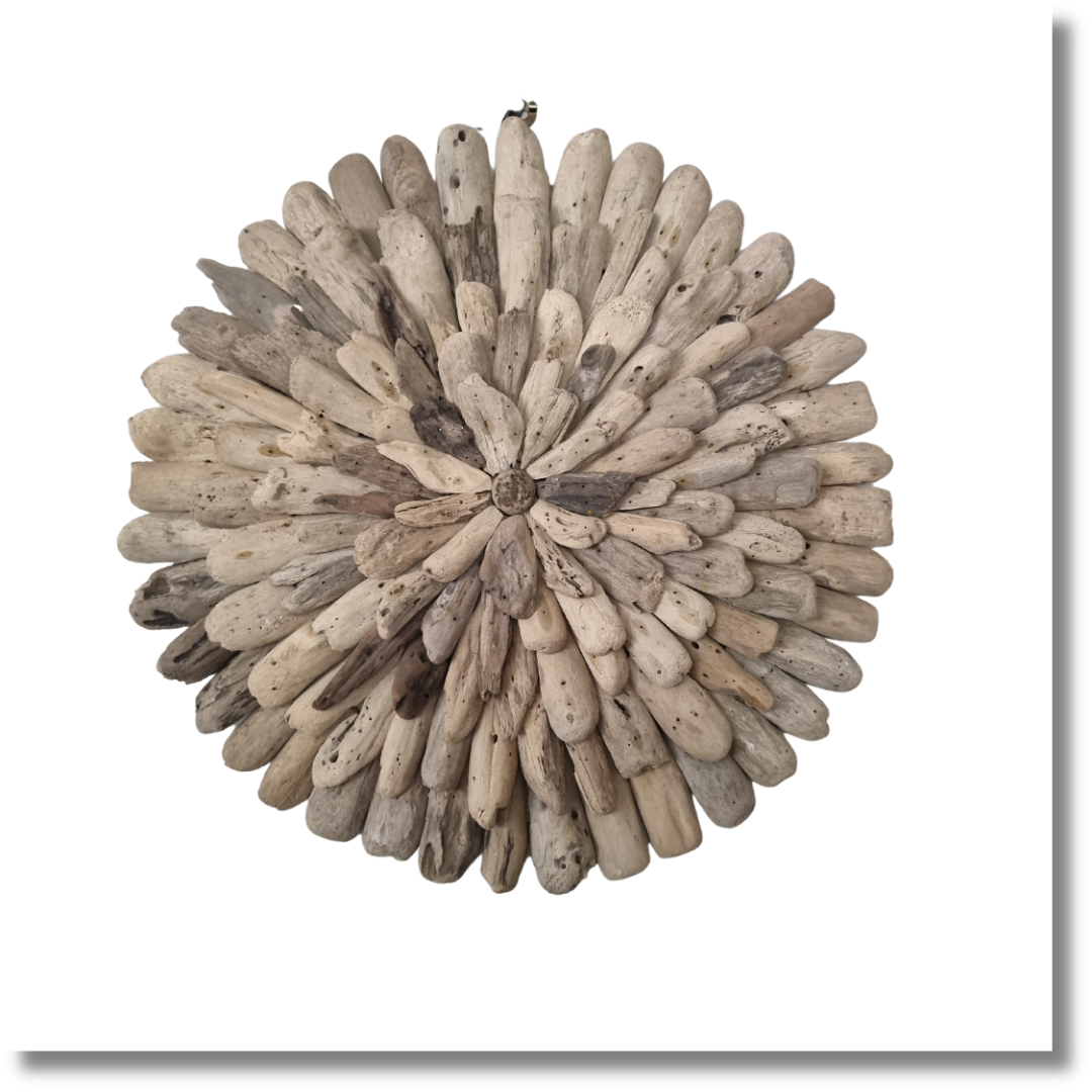 Round driftwood wall sculpture — radial sunburst pattern made from natural driftwood pieces, 50x50cm — coastal boho wall art by Azure Decor 