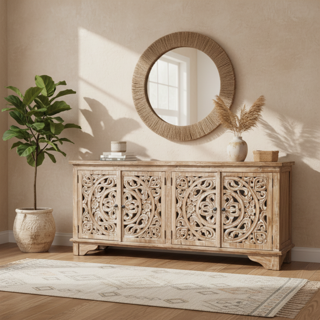 Balinese hand-carved console cabinet with whitewashed floral scroll doors styled in a warm coastal living room with rattan mirror, fiddle leaf fig, pampas grass and Moroccan rug by Azure Decor

