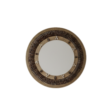 Boho coastal wall mirror — round woven seagrass and dark rope frame with cowrie shell detail, Deep Brown tone, 50x50cm — handcrafted coastal boho home decor by Azure Decor