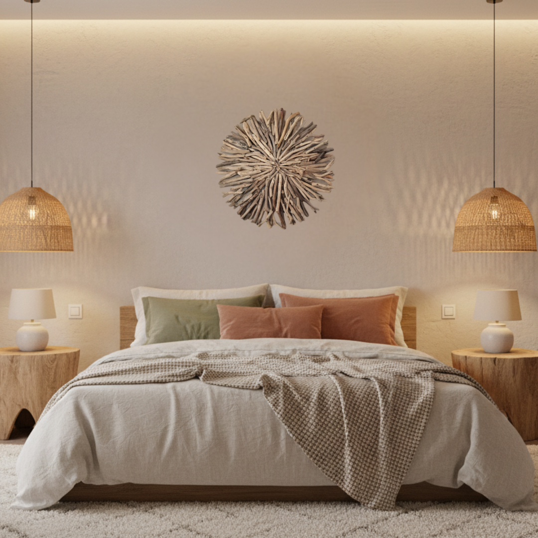 "Round driftwood wall art sculpture  (Style 2) displayed above a bed in a warm boho bedroom with rattan pendant lights and timber bedside tables — 50x50cm by Azure Decor"