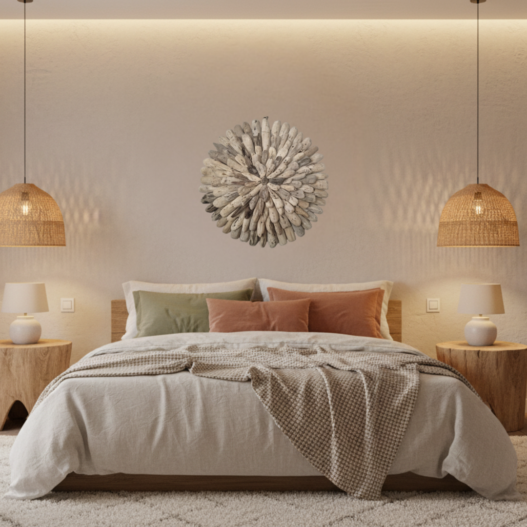 "Round driftwood sunburst wall art (Style 1) displayed above a bed in a warm boho bedroom with rattan pendant lights and timber bedside tables — 50x50cm or 60x60cm by Azure Decor