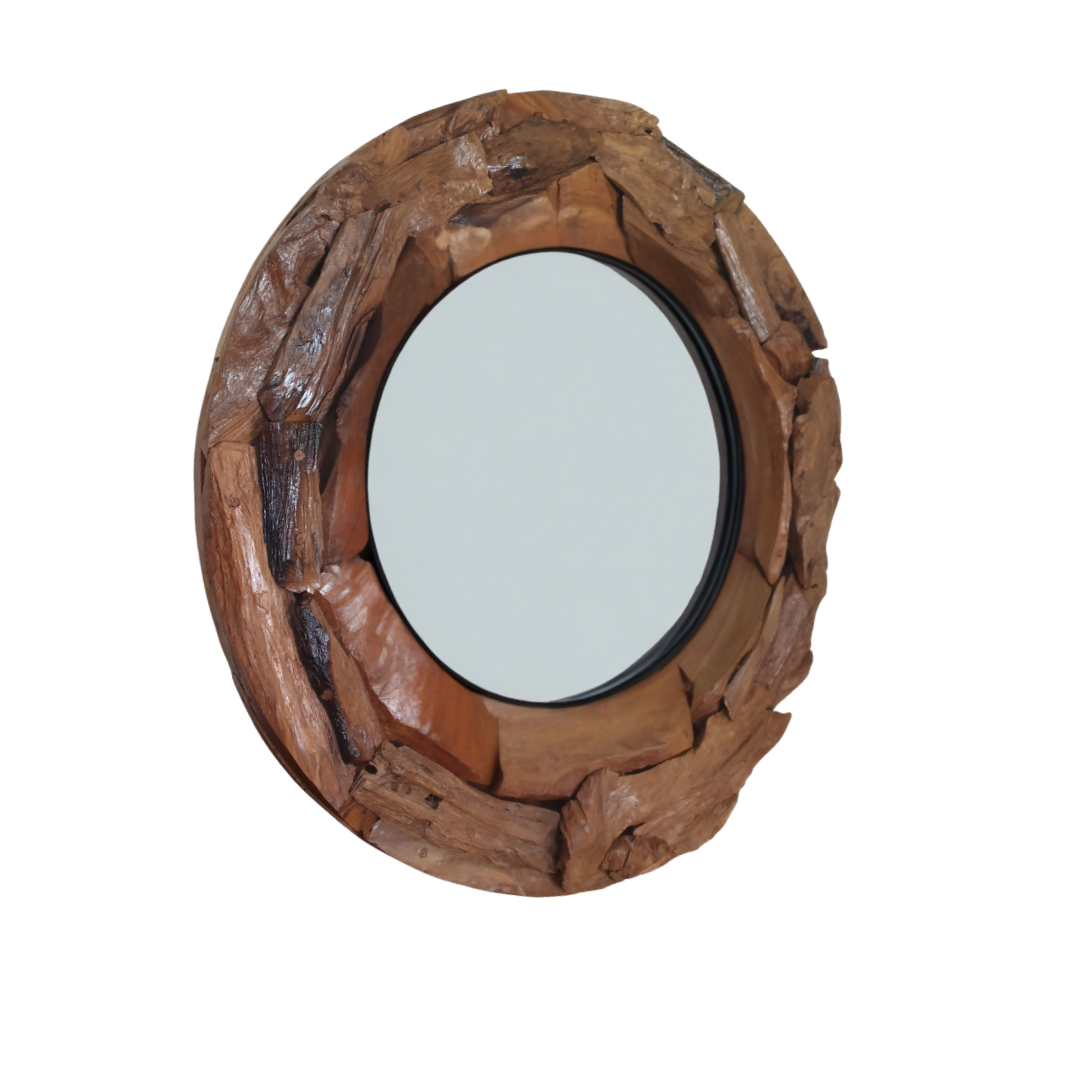 Round teak driftwood mirror — angled view showing chunky mosaic teak wood piece frame depth and natural grain texture, 80x80cm — handcrafted rustic coastal wall mirror by Azure Decor