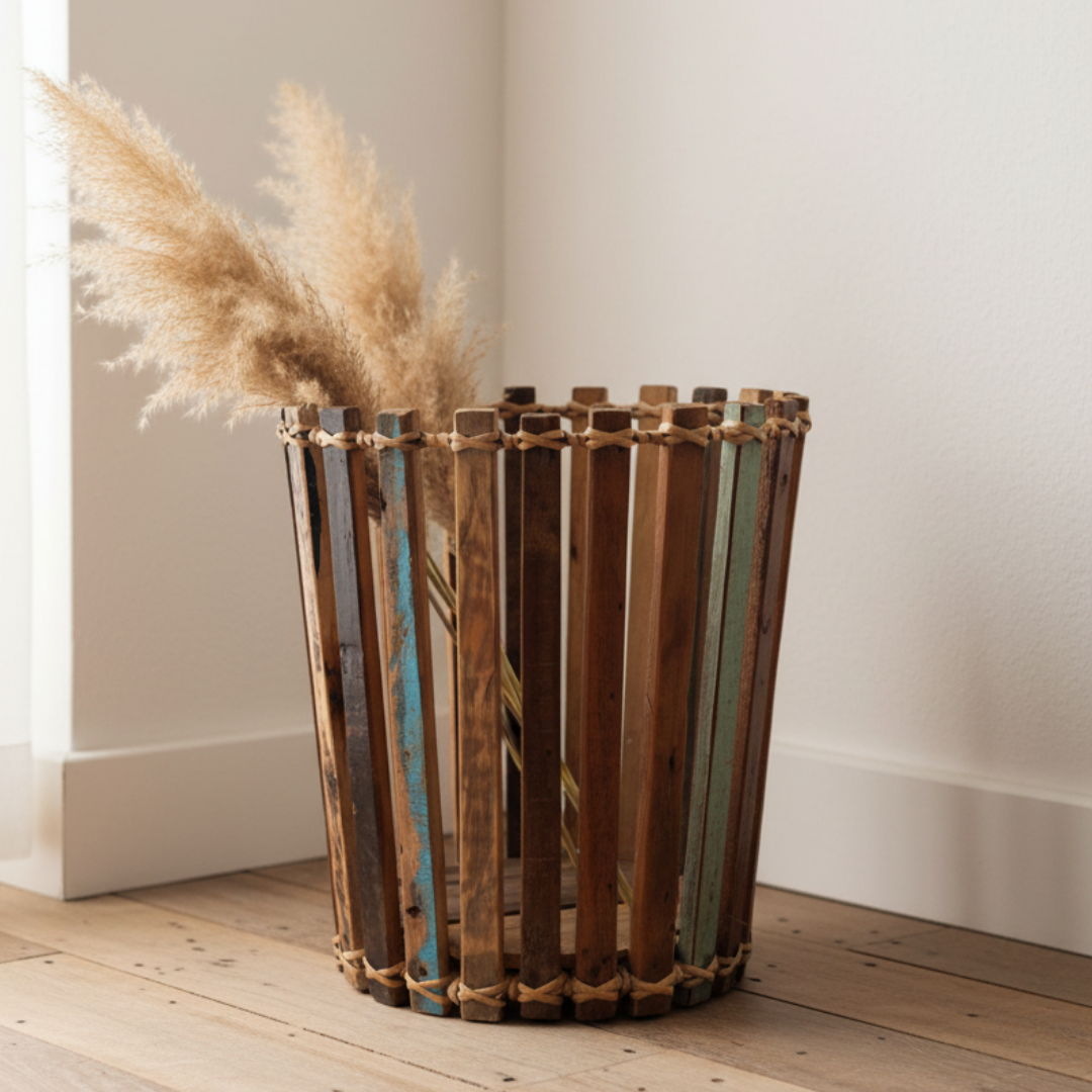 Decorative wooden pot with striped design and pampas grass on a wooden floor.