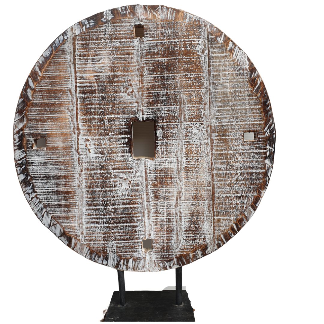 WOODEN SCULPTURE BACK VIEW ON A WHITE BACKGROUND
