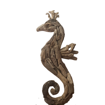 A rustic style wall hanging art in the shape of a seahorse, crafted from driftwood pieces with variations in color and texture.