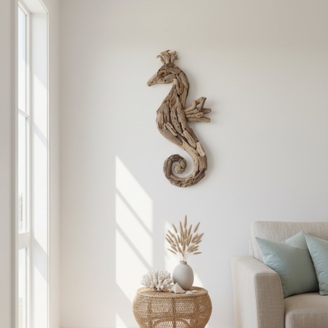 Rustic driftwood 70cm mounted on a white wall in a coastal home interior, styled beside white coral, a ceramic vase with dried coastal grasses, and a woven rattan side table in soft natural daylight