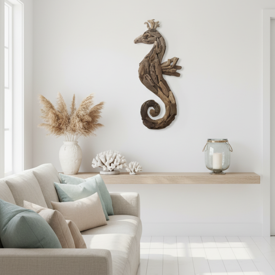 100cm mounted on a white wall in a coastal living room, styled with white coral on a bleached timber shelf, a glass hurricane lantern, and dried pampas grass in a ceramic vase