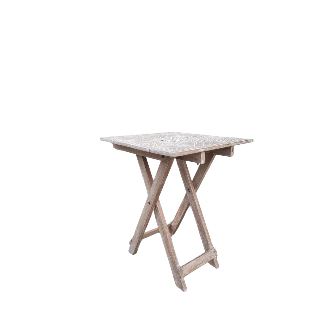 Rustic boho foldable wooden side table with hand carved geometric tribal pattern and brown wash finish, folding cross legs, on white background — Boho Brown Wash design 40cm x 40cm x 50cm by Azure Decor