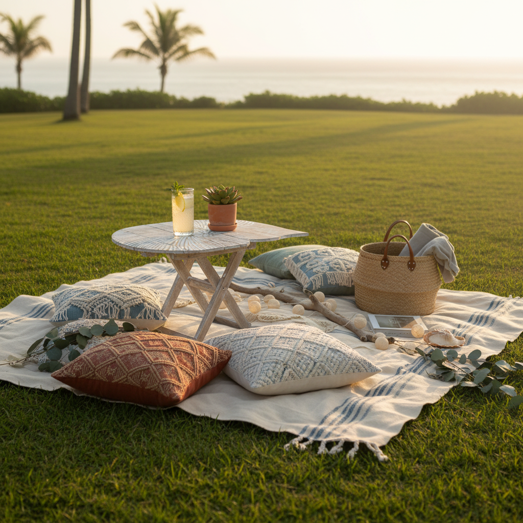 Rustic boho foldable wooden table with hand carved nautilus shell design styled as an outdoor side table beside a boho picnic blanket on a sunny lawn, with lemonade, succulents and coastal cushions — by Azure Decor