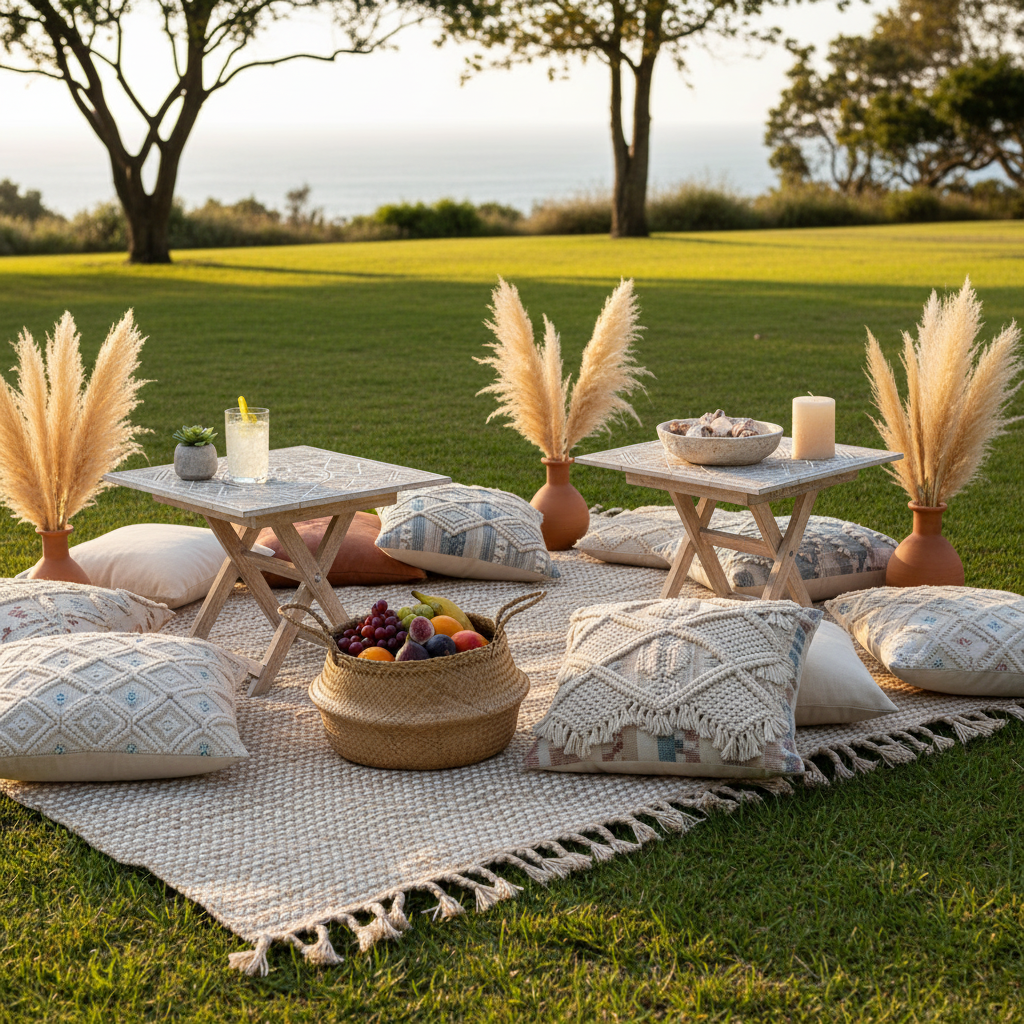 Two rustic boho foldable wooden side tables with hand carved geometric tribal pattern and natural matte wash finish styled outdoors beside a boho picnic blanket on a sunny lawn, with lemonade, succulents, pampas grass and coastal cushions — Boho Natural Wash design by Azure Decor