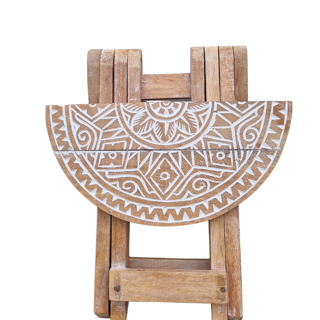 Small rustic boho foldable wooden picnic table with hand carved mandala tribal pattern and natural white wash finish, shown folded flat displaying semi-circle top on white background — Boho Tribal Round design 30cm x 30cm by Azure Decor