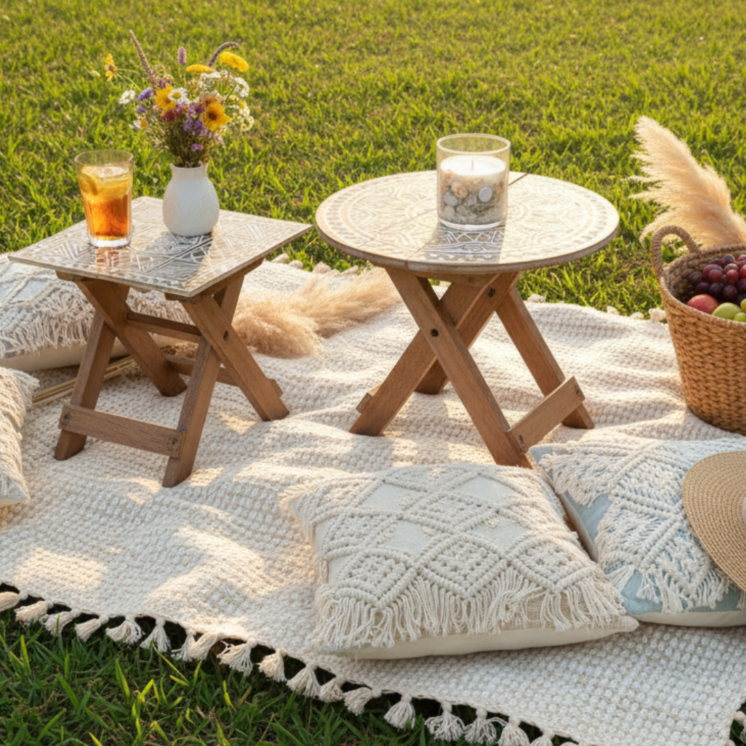 Small rustic boho foldable wooden picnic table with hand carved mandala tribal pattern and natural white wash finish, fully assembled front view with folding cross legs on white background — Boho Tribal Round design 30cm x 30cm by Azure Decor