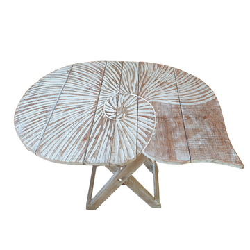 Rustic boho foldable wooden table with hand carved nautilus shell design and white matte wash finish, folding cross legs, on white background — Nautilus design 48cm x 38cm x 50cm by Azure Decor