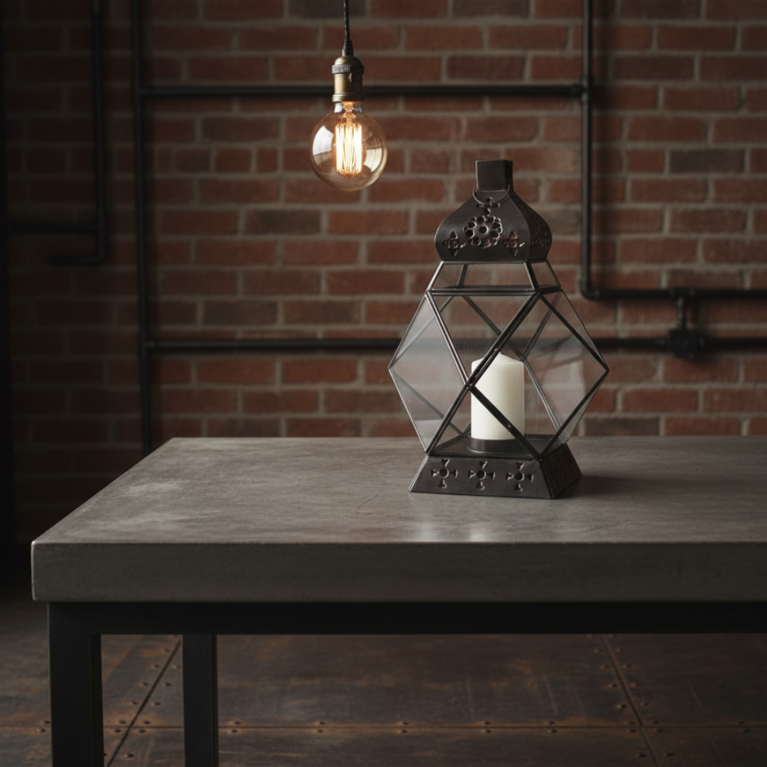 Geometric diamond-shaped black metal lantern with white pillar candle on a concrete dining table, exposed brick wall and Edison bulb pendant in a moody industrial loft interior