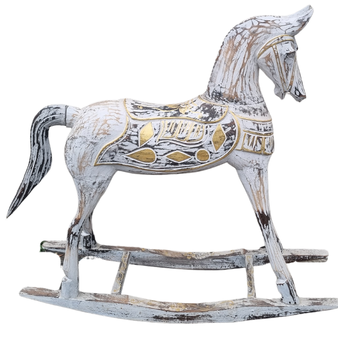 Rustic Rocking Horse Home Decor with crackled whitewash finish and gold diamond saddle carvings on a timber rocker base