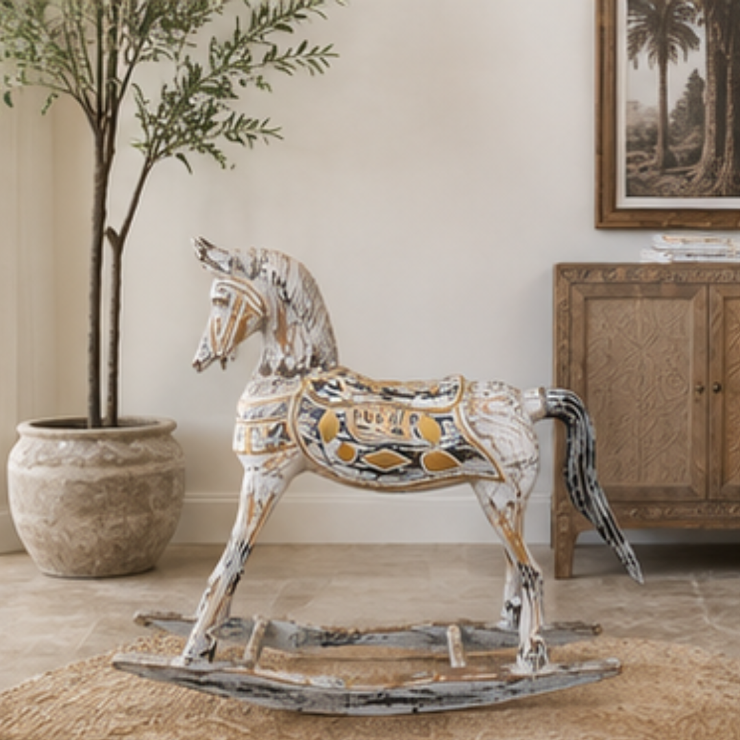 positioned in a bright living space with an olive tree and a carved timber sideboard