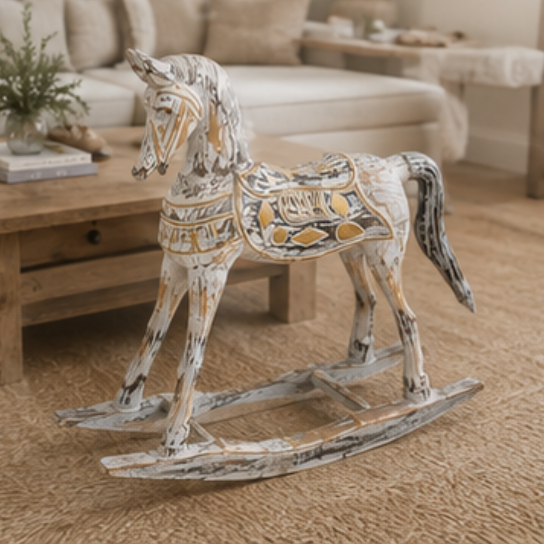 Distressed white and gold  on a jute rug in a coastal living room with a linen sofa and timber coffee table