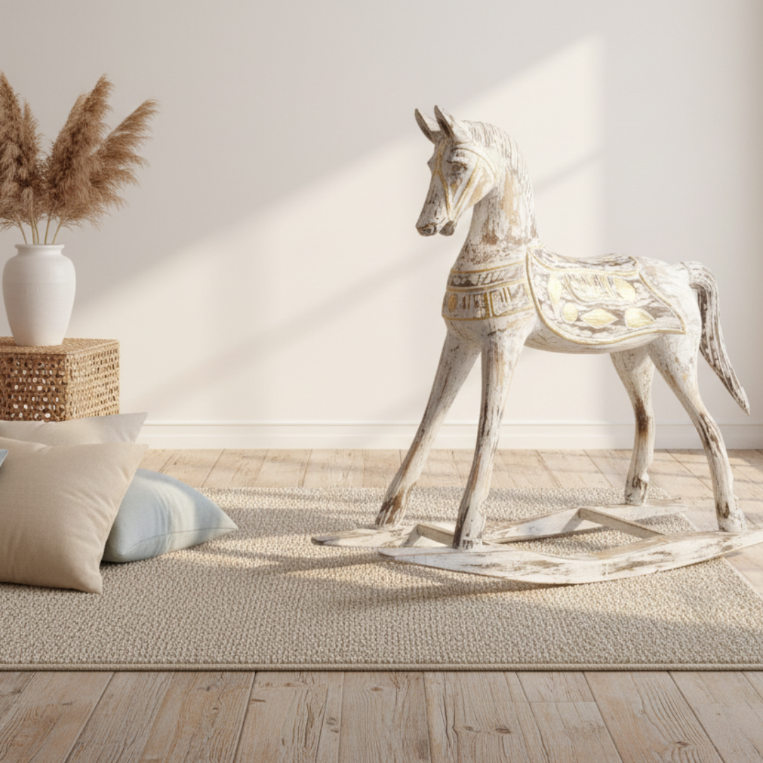decorative  styled on a neutral textured rug beside a woven rattan side table and pampas grass in a white ceramic vase