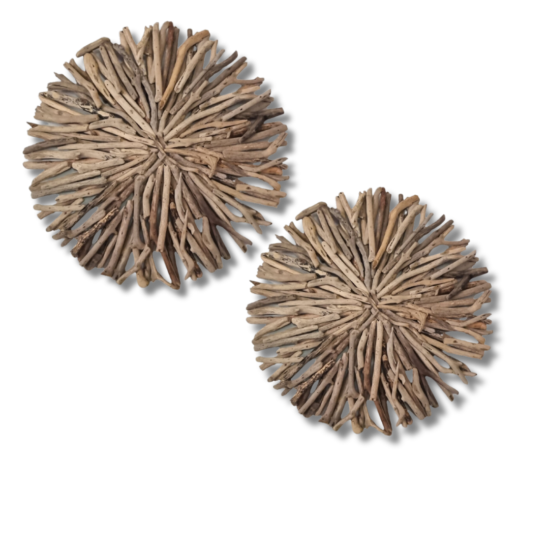 Round driftwood wall art Style 2 shown in two sizes — 60x60cm and 50x50cm — natural driftwood stick sculptures for rustic boho and coastal interiors by Azure Decor"