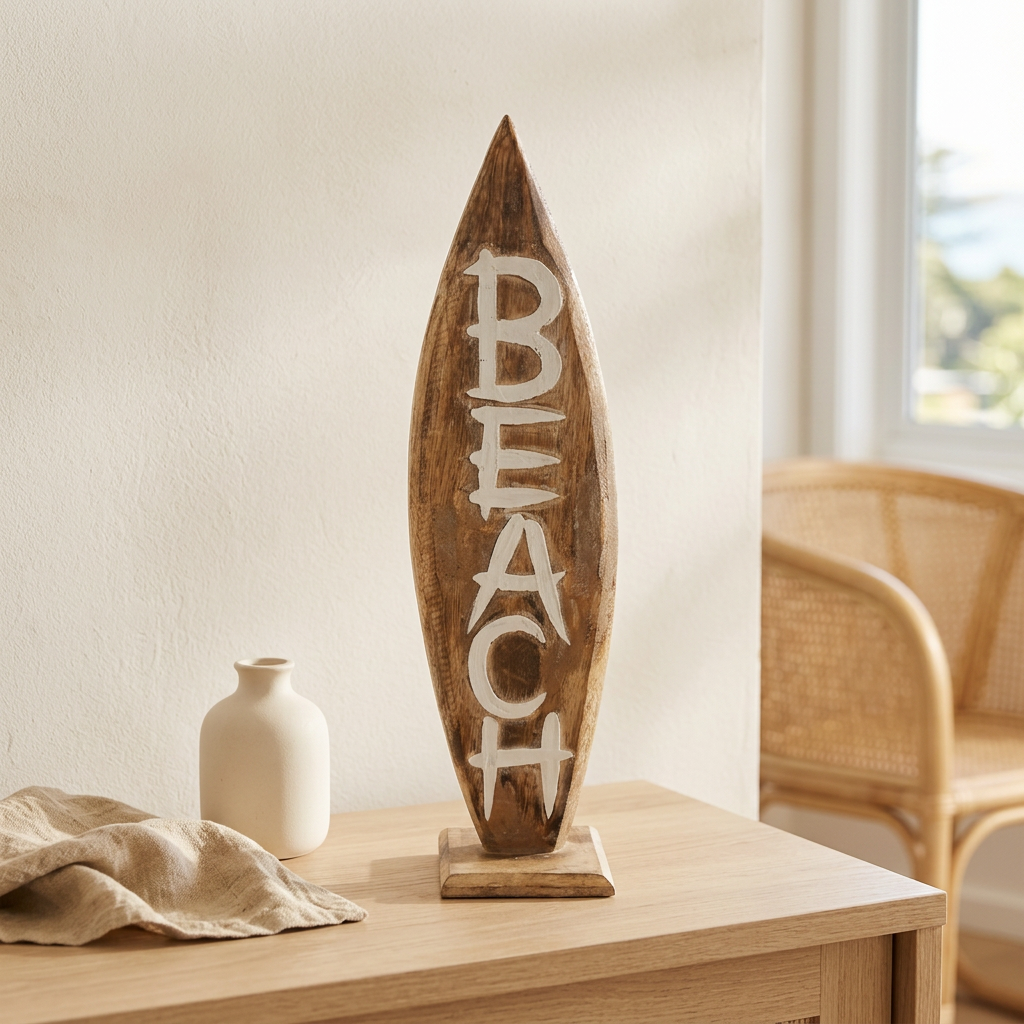 Brown timber surfboard-shaped BEACH sign with white lettering, styled beside an ivory vase and linen cloth